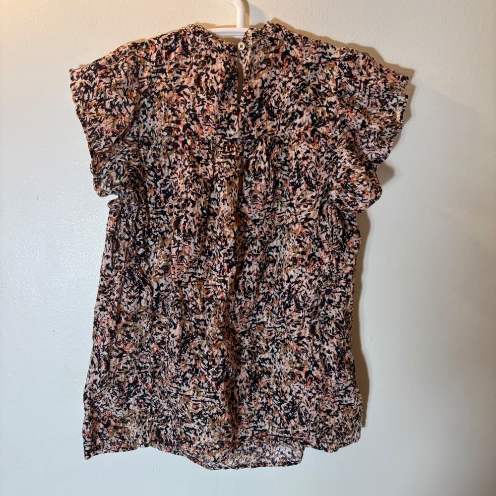 LOFT Flutter Sleeve‎ Blouse Size XS Multicolor Abstract High Neck Top - Picture 4 of 8